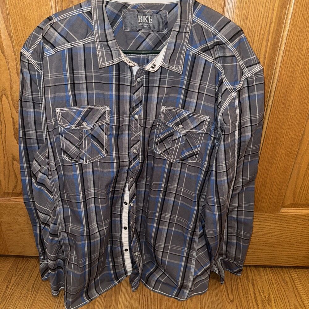 BKE Men's 3XL ATHLETIC FIT Shirt Snap Button Western Grey Blue Plaid LS Hick